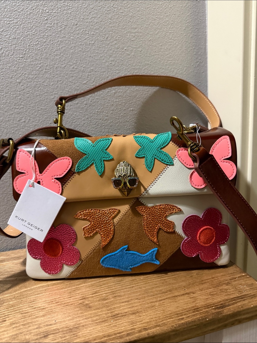 Kurt Geiger Leather Kensington Leather Bag in Brown Multicolour Patchwork NWT